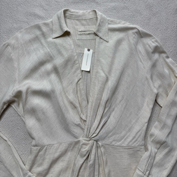 NEW Anthropologie Twist Knot Front Vneck Linen Midi Dress 6 Neutral Minimalist - Picture 6 of 9